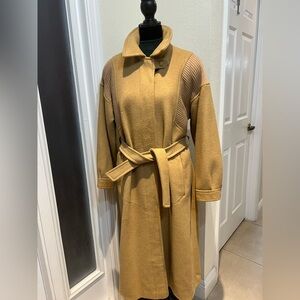 Camel Wool-Blend Long Coat with Belt & Ribbed Shoulder Detail